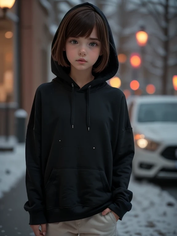 eleonora girl, shy, bobcut, small size, oversize hoodie, cold color, darkness
