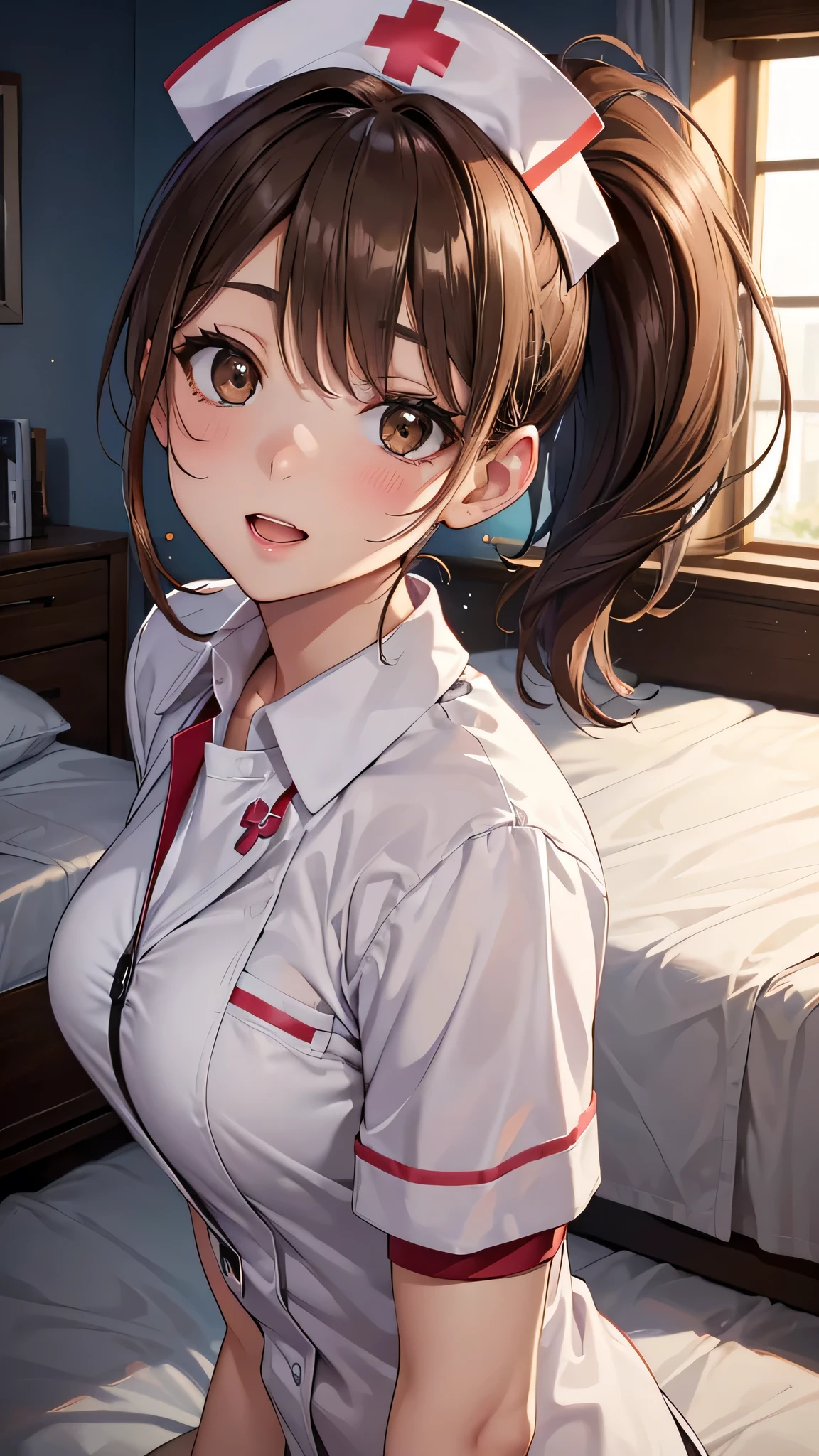 (masterpiece,Illustration Awards:1.3),Professional work,anime,Detailed face,Detailed Description,,Man's body,Male subjective point of view,From below,1boy,1girl,pov,perspective,Depth of Field,(closeup face), BREAK Brown hair,Two Side Up,(Teasing smile:1.3),Office Shirt,pajamas,Cleavage,Flat breasts,(Half-open eyes,Squint eyes:1.3),(Petite,loli),bedroom,onbed,On all fours,Lying on stomach, BREAK Saddled on a man's stomach,A girl straddles boy stomach and stares forward,Depth-aligned placement
