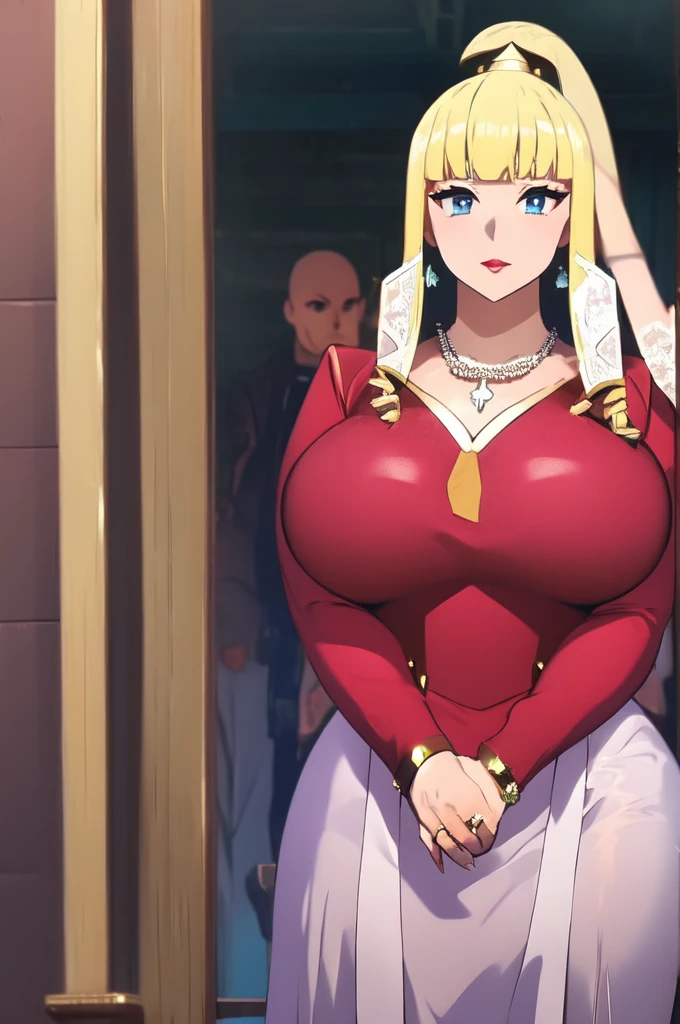 masterpiece, best quality, highly quality ,  Darkness lalatina,konosuba,Big breast,Golden bracelet,Half open eyes,Big pearl earring,Mature,((Cleavage)),long sleeve,(((diamond Wedding ring))),((Enchanced breast)),((Cross hairpin)),((red color long nail)),Blonde,Majestic mansion,((Noble rings)),Hoopa bracelet,modern anime quality,Tight thights,Konosuba anime artstyle,Swaying hips,light Eyeshadow,Colorless glossy Lipstic,flirty expression,Detailed face,Bare neck,pearl necklace,((enourmous big breast)),Mature,Milf,Corset,Long gown,horny expression,sorrowful expression,light Red lips,((Eyeshadow)),Detailed Rings,Detailed Necklace,corset,Soft smile,Hime cut bang,((thick Curly drill hair)),heavy make up,Madam,happy Smile,Red lips,Curvy figure,Thick lips,Thin purple dress,Light blue eyes,Happy expression,1hand on hip,Spouty lips,heavy make up,Thick lips,Side locks slicked,Short side locks,White glove,Body facing front,Bare nape,Super high ponytail,yellow strip in dress Slicked side locks hair,Slicked side hair,Face facing front,Curl hair