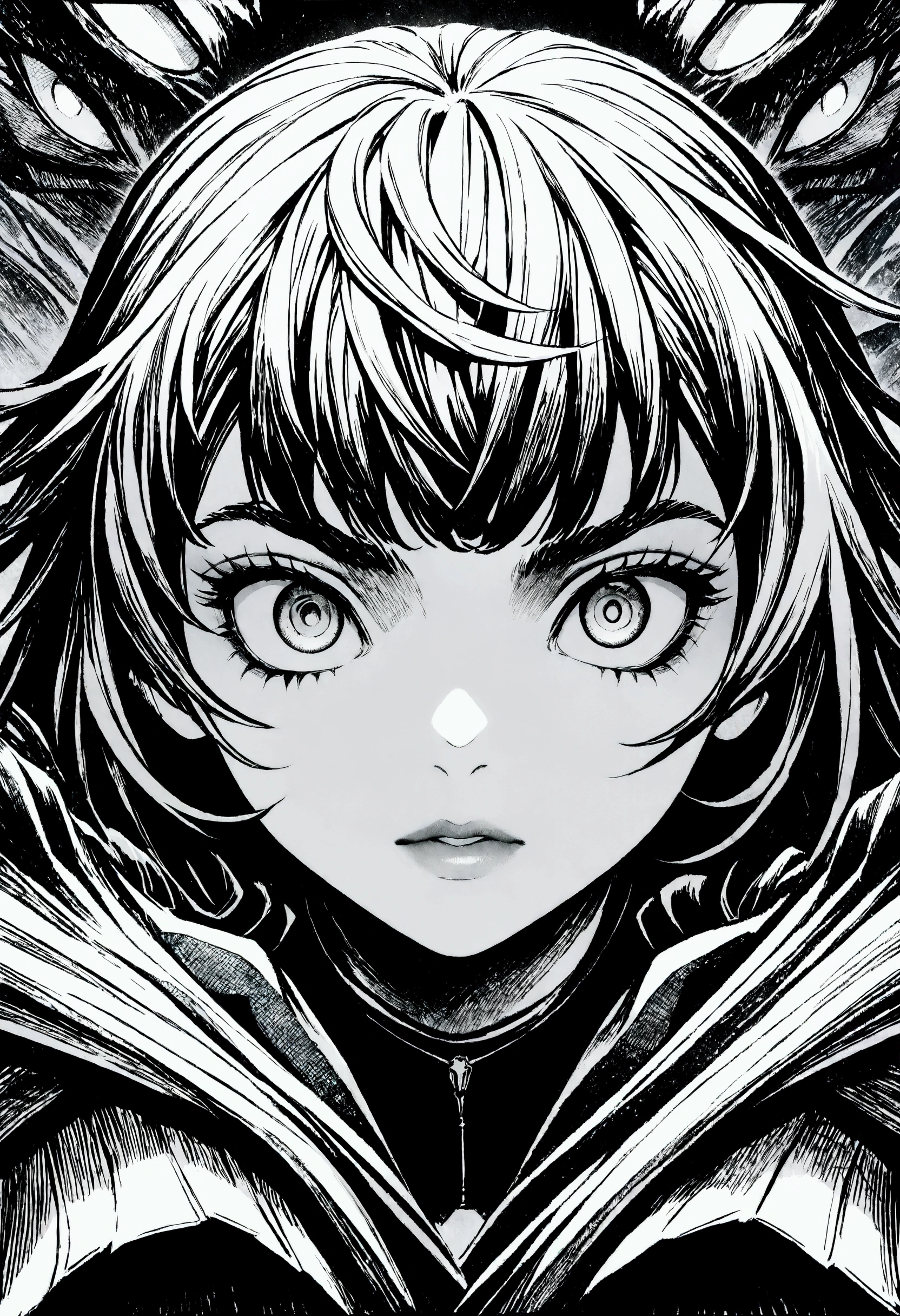 score_9, score_8_up, score_7_up, score_6_up, by Kentaro Miura, inspired by Berserk, Manga art, black and white, manga art, best quality, masterpiece, detailed, aesthetic, best quality, masterpiece, detailed, aesthetic, Masterpiece, best quality,1girl, portrait, Highly detailed, Ultra HD, High resolution, 8k, Wide angle shot, fisheye perspective, amazing art, masterpiece, best quality, high detail, trending on art-station, trending on art, 4K resolution, perfect lighting, perfect perspective, balanced composition, High quality, cinematic, dramatic, dynamic, intricate, detailed, ((best quality)), (masterpiece), monochrome, manga, anime, high resolution, 4k, detailed, intricate, detailed, Monochrome, Cross-hatching, Gradient shading, 
