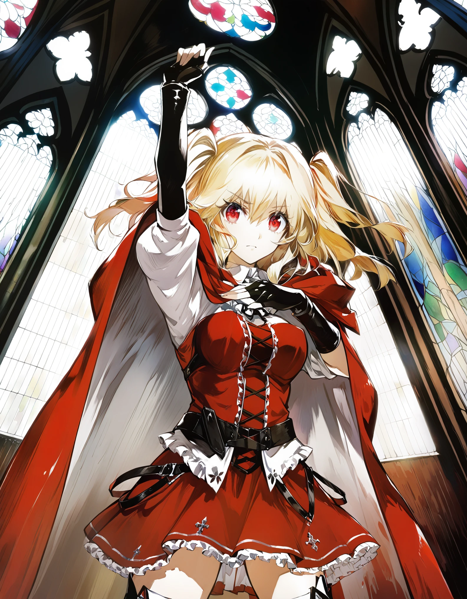 1girl, solo, cowboy shot, white shirts, red long cape cloak, red corset, frills red skirt, black fingerless gloves, knee boots, blonde, two side up, red eye,
Anime Girls, dutch angle, acrobatic pose, Gloomy painting style, church, stained glass
Score_9,Score_8,score_7_up,source_anime, rating_questionable,