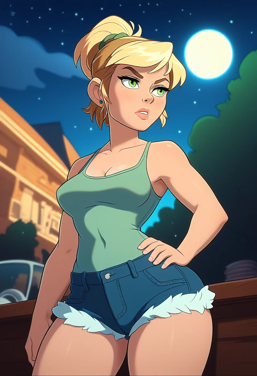 Woman, short hair tied in a ponytail, blonde hair, medium breasts, attractive, fluffy, (mini shorts, mini blouse), well-shaped body, thick thighs, big green eyes, (serious expression), she is standing, the background is a starry night with the full moon bright in the sky.