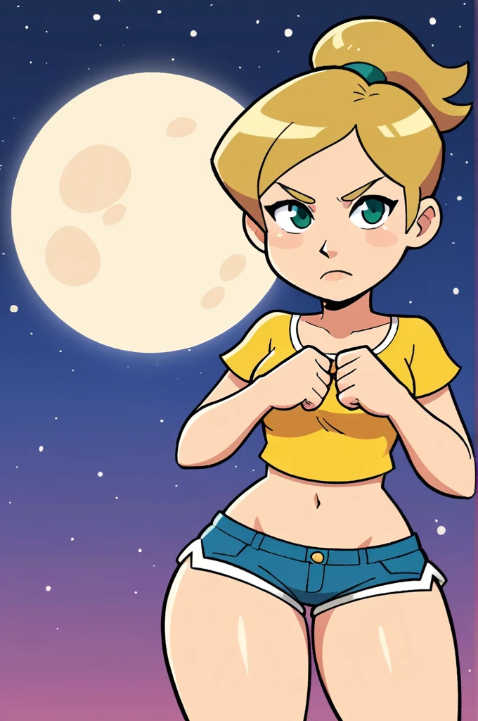 Woman, short hair tied in a ponytail, light and dark blonde hair, medium breasts, attractive, cute, (mini shorts, mini blouse), bare navel, shapely body, thick thighs, big green eyes, (serious expression), she is standing, the background is a starry night with the full moon bright in the sky.