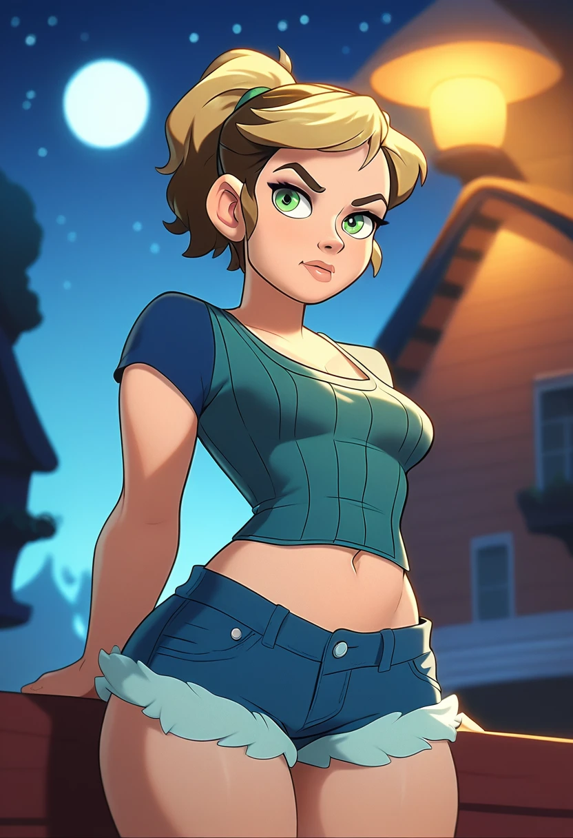 Woman, short hair tied in a ponytail, light and dark blonde hair, medium breasts, attractive, cute, (mini shorts, mini blouse), bare navel, shapely body, thick thighs, big green eyes, (serious expression), she is standing, the background is a starry night with the full moon bright in the sky.