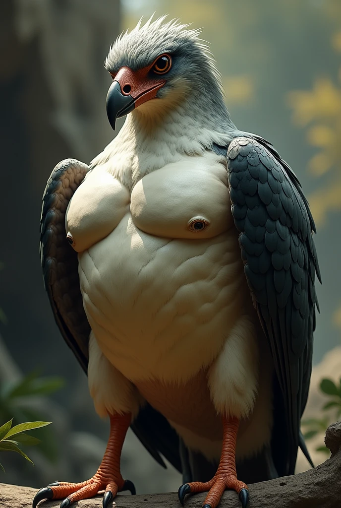 ((NSFW, sexual)), rio movie, jungle landscape, nigel a male white cockatoo avian, white feathers, ((anthro)), big size human body, furry, feathered arms, ((exposing big tapering penis, testicles)), standing, brown eyes, bedroom eyes, seductive, realistic, digitigrade legs, detailed eyes