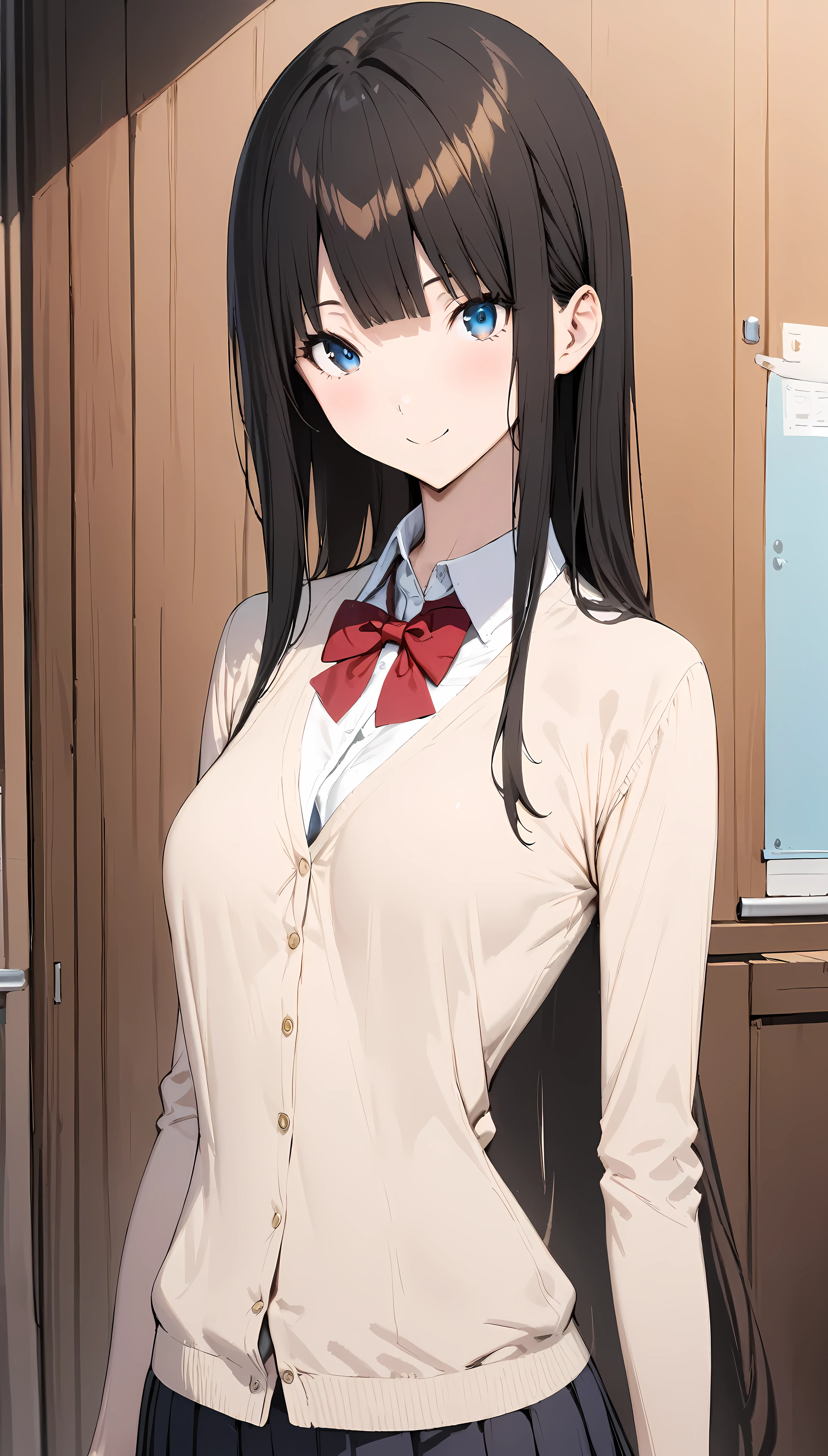 Anime girl with long black hair and a white shirt and red bow tie ...