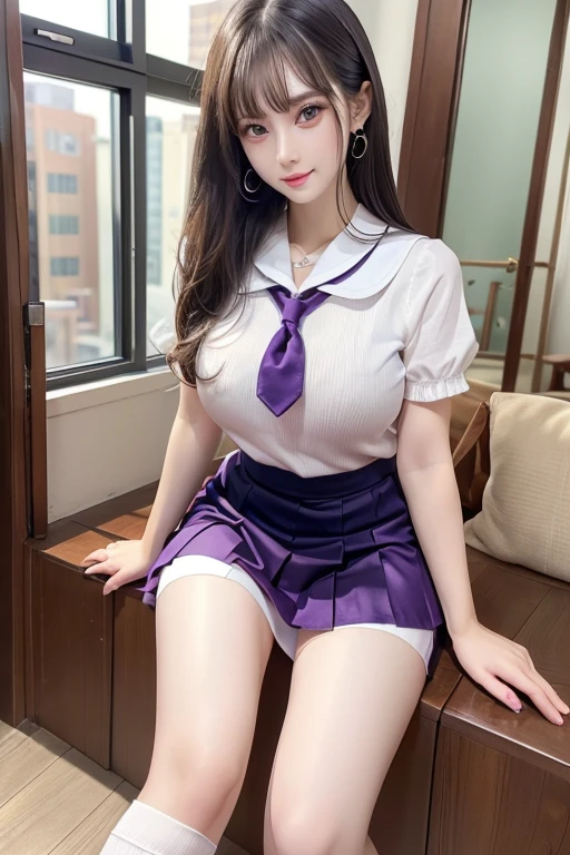 (8k), (highest quality: 1.2), (Realistic), (Realistic: 1.37), Ultra-high resolution, 1 girl, cute, A shy smile, Blushing,Mouth closed, Peach-colored lips,Beautiful details, Beautiful Nose, Beautiful black hair, bangs,Twin tail hair,Giant Dulcefo, pork, Thighs,University Uniforms,all fours,on the bed,(Formal light purple sheer shirt:1.4),(open shirt:1.3),(Calvin Klein grey sports bra:1.3),clavicle,Pleated skirt,(The skirt has a tartan check pattern.:1.3),Crossing your legs, From above,(Thighsにクローズアップ),(光沢のあるThighs),(white knee-high sox:1.2)