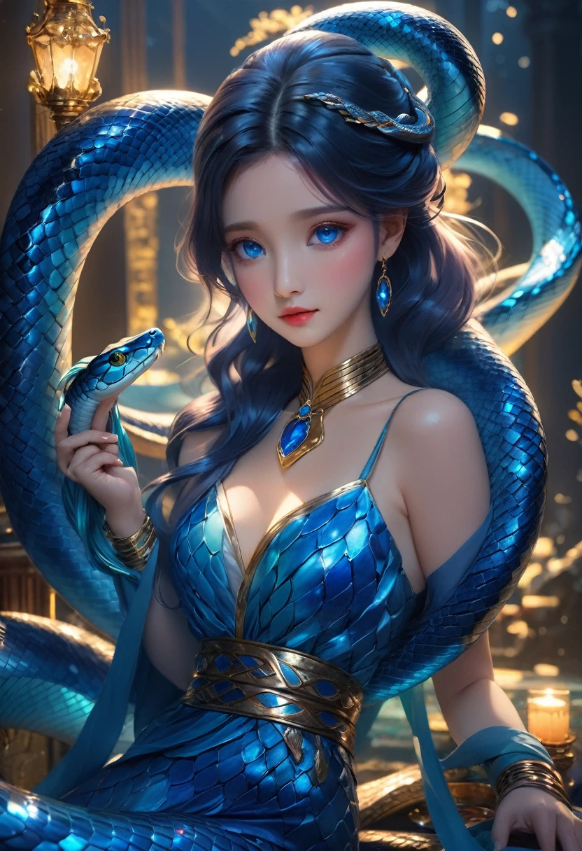 （masterpiece、high quality、Details、 8k)、A beautiful, glowing blue glass snake wraps around the girl&#39;s neck to become a necklace.、A beautiful girl in her 20s with a perfect figure（Blonde long hair、beautiful瞳、Slender、Black leather dress）、blueヘビ（detailed、blue、beautiful、Eyes Shining、diamond、Choker Shape）、Sitting posture、Beautiful feet、High heels、whole body、Looking from below、New City Buildings、City lighting、Digital art style