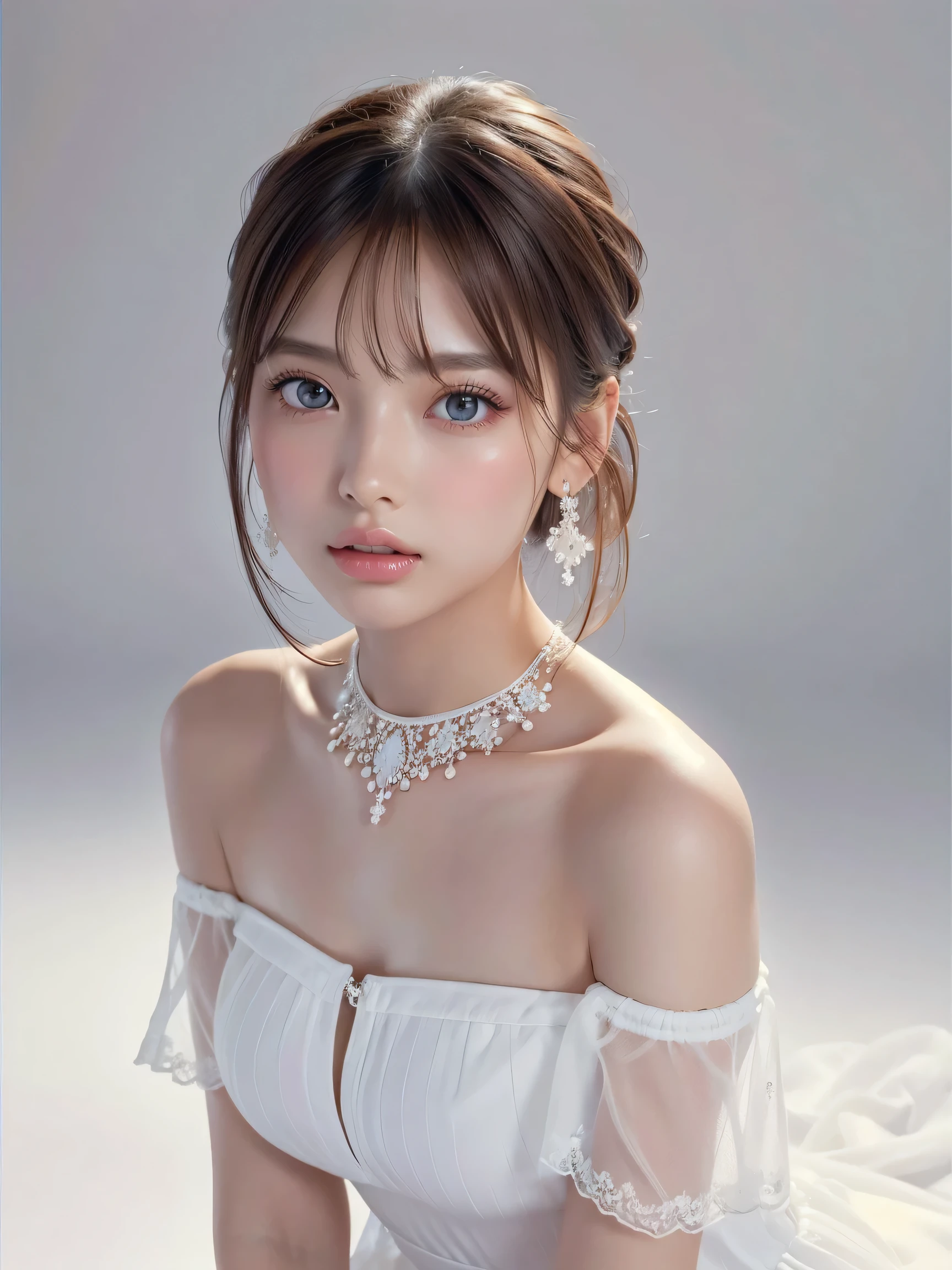 8k,Confused, High resolution, Very detailed, 1 girl, Alone, Very beautiful eyes, Ultra-precise depiction, Artistic、Very detailed depiction, ([    "Intertwined:1.2), , (White high key background:1.5), (((white off-the-shoulder dress 1.5))), 、 Short Hair、Earrings and Necklaces、Brown Hair, (Glowing Skin),  (Shooting from above:1.2),、Flat Body、slim、cute、Round face、Beautiful Skin、White skin、(((Dreamy look、I really love you 1.5)))