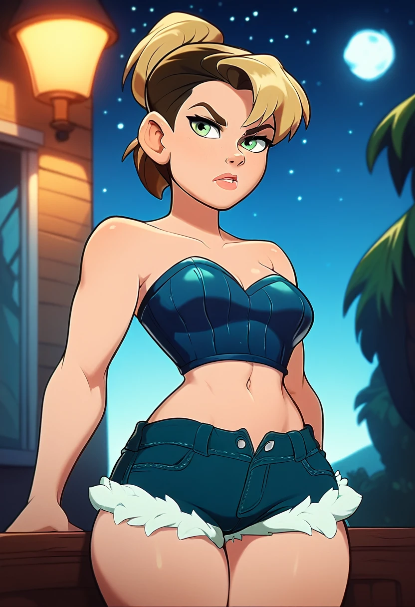 Woman, short hair tied in a ponytail, light and dark blonde hair, medium breasts, attractive, cute, (mini shorts, strapless mini blouse), bare navel, shapely body, thick thighs, big green eyes, (serious expression), she is standing, the background is a starry night with the full moon bright in the sky.