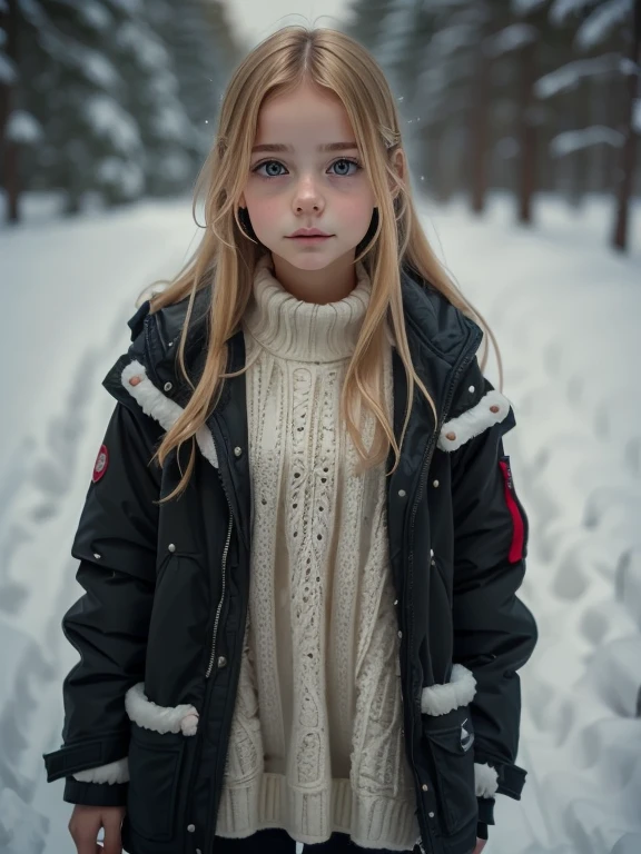 eleonora girl, shy, blonde, long hair, small size, winter jacket, cold color, darkness
