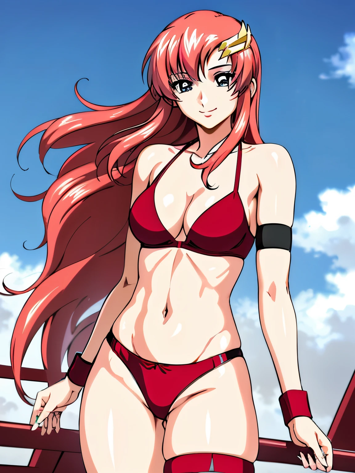 lacus4, (red bikini:1.5), (running, thong, (tall girl:1.5), (biceps:1.1), (hair details:1.3), (face details:1.0), masterpiece, cowboy shot, very slim shoulders, 4K, (Best Quality:1.2), Anime style: 1.9, happy, Adult Woman, (ultra detailed head), (cloud background), Drawing lines, high resolution, lacus4), 1girl, Solo, curvy figure, clavicle, scapular, (missy bangs:1.4), (missy bangs, long hair, Detailed reddish-pink hair, shiny streaks, slim arms), (wristband:1.4), (cleavage:1.3), large hands, (hair cover shoulders). (Big blue eyes, shiny eyes), ((female wrestler, (slim body), slim arms, thighs)), ((perfect proportions, medium thighs, long belly)), ((totally red bra, leg strap)), (medium-small breasts:1.1), smile with a wink, (standing, hot colors), detailed fingers, (arm sling:1.4), (windy:1.0)
