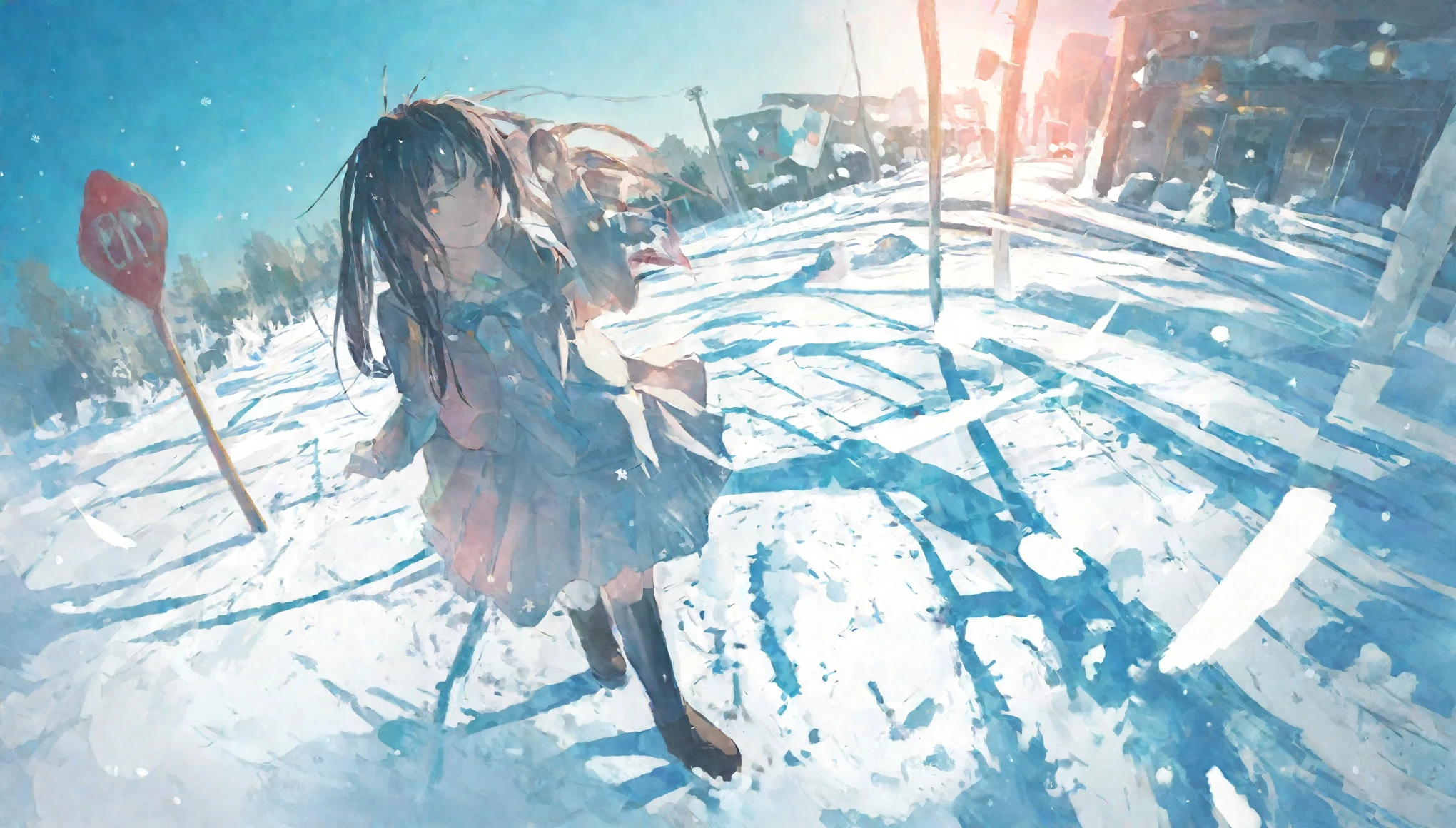 score_9, score_8_up, score_7_up, score_6_up, score_5_up, 1girl, looking back at viewer in a busy park, gentle smile, lovely, very beautiful, snow, romantic mood, white, pink and blue color pallete, Highly detailed, Ultra HD, High resolution, 8k, city backgroundWide angle shot, fisheye perspective, cool colors, use of color theory, amazing art, masterpiece, best quality, high detail, trending on art-station, trending on art, 4K resolution, perfect lighting, perfect colors, perfect perspective, balanced composition, High quality, cinematic, dramatic, dynamic, intricate, detailed, by makoto shinkai,
