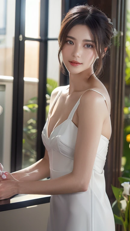 (Short black hair hanging down his shoulders: 1.3), （极其细致的CG 8k壁纸），（Extremely refined and beautiful），（Masterpiece），（best qualtiy：1.0），（超高分辨率：1.0），beautiful light up，Perfect lightning，realistic shaded，[A high resolution]，Smooth and flawless fair skin，Extremely delicate facial details，（Perfect body：1.1），ultra - detailed,1 beautiful girl，Small head,(flatchest:1.3)，Slim，Thin，Smile，cheerfulness，(Gorgeous white evening dress long dress:1.5),Slender legs,shoulder off,bare shoulders​,Upper body,Close-up Shot Shot,Cowboy shot,(Portrait above the chest:1.2),(photo booth:1.2),(Bright light:1.2),standing,Daytime scene, On the Great Wall