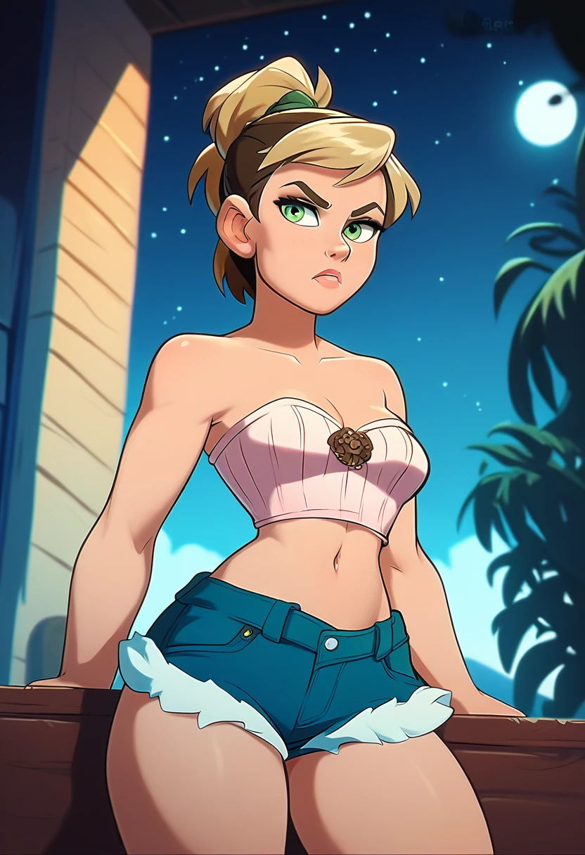 Woman, short hair tied in a ponytail, light and dark blonde hair, medium breasts, attractive, cute, (mini shorts, strapless mini blouse), bare navel, shapely body, thick thighs, big green eyes, (serious expression), she is standing, the background is a starry night with the full moon bright in the sky.