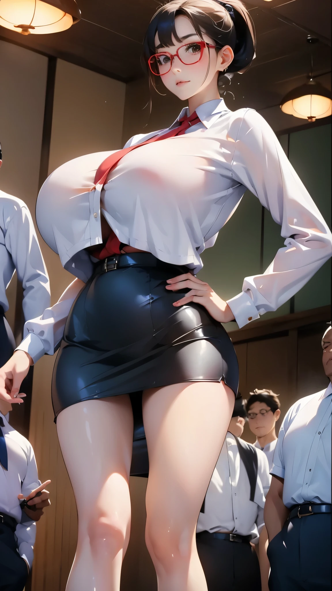 Very very big breasts Korean girl in white silk shirt and black short skirt , Wearing red glasses ,Wearing a ponytail，Lift it above your head , Surrounded by a group of old Japanese businessmen,They were staring at her breasts 