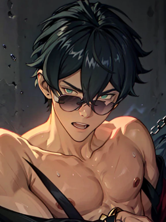 ((Delicate details)), Best Shadow,Cinema Lighting,Best Quality,((Very detailed))　masterpiece　Embarrassing　Black Hair　Emerald Hair　Black Eye　Emerald eyes　Wearing large sunglasses　Get wet　Big Eyes　maleのタイトなスーツパンツは破れていた　Sweating　Delicate body　High chroma　male　Ryona　torture　Clo薄いg saturation 0　High chance of losing　Skin is visible in places　shout　View from below　Overall image　Light hits the skin　baby face　Fallen　To lie　Skinny body　Mind Control　Rear View　Sleeveless　I put pressure on my crotch.　prison　Chain Background　Under attack　Raising his arms　Side view　Lying down　黒いタンクトップのmale　eight-headed body　Brown Skin　One eye is hidden by bangs　Mouth open　Aroused expression