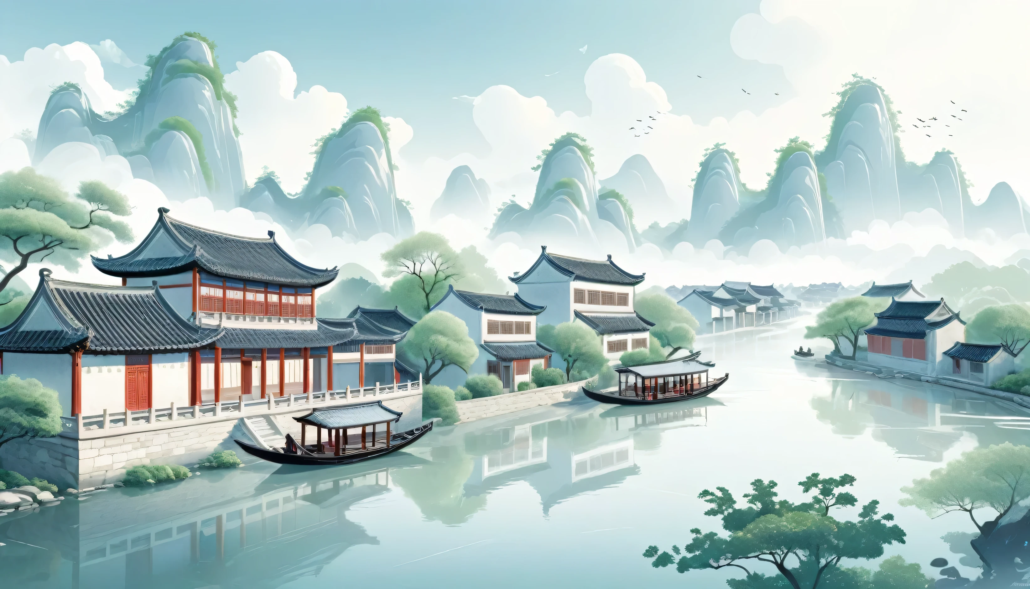 Jiangnan Town，Beautiful scenery，Mainly line illustrations，Simplicity