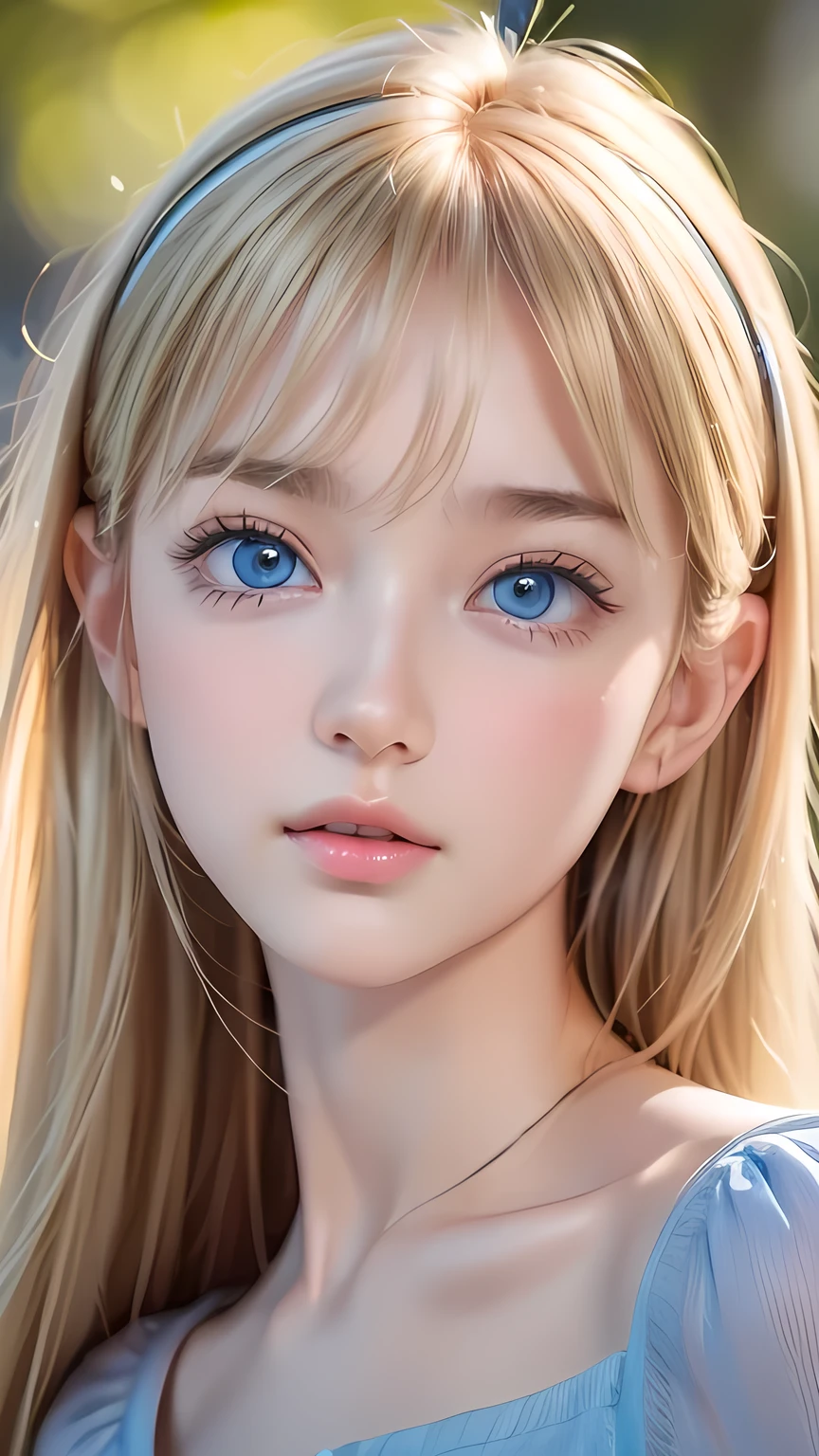 Dressed、(Photorealistic:1.4)、(ハイパーRealistic:1.4)、(Realistic:1.3)、(Smooth lighting:1.05)、(Improved cinematic lighting quality:0.9)、32K、1 Girl、Very cute expression、Beautiful blonde girl、Realistic top lighting、Backlight、Face Light、Super long silky hair、Ray tracing、(Bright light:1.2)、(quality improvement:1.4)、(Highest quality realistic textured skin:1.4)、Very beautiful, detailed, shiny, extremely bright, light blue, large eyes、Very big eyes、Detailed face、A careful eye for quality、(Tired, sleepy and satisfied: 0.0)、Face close up、T-Shirts、(Enhances the body line:1.1)、(Enhances the beauty of skin texture:1.1)、Cheek gloss highlighter、、A stunning blonde beauty、Small Facuty、round face、Bangs between the eyes、Bangs above the face、Bangs above the eyes