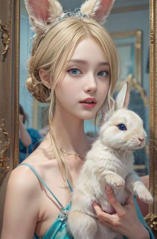A girl with short white hair. She has green eyes. She has rabbit ears and a rabbit tail.