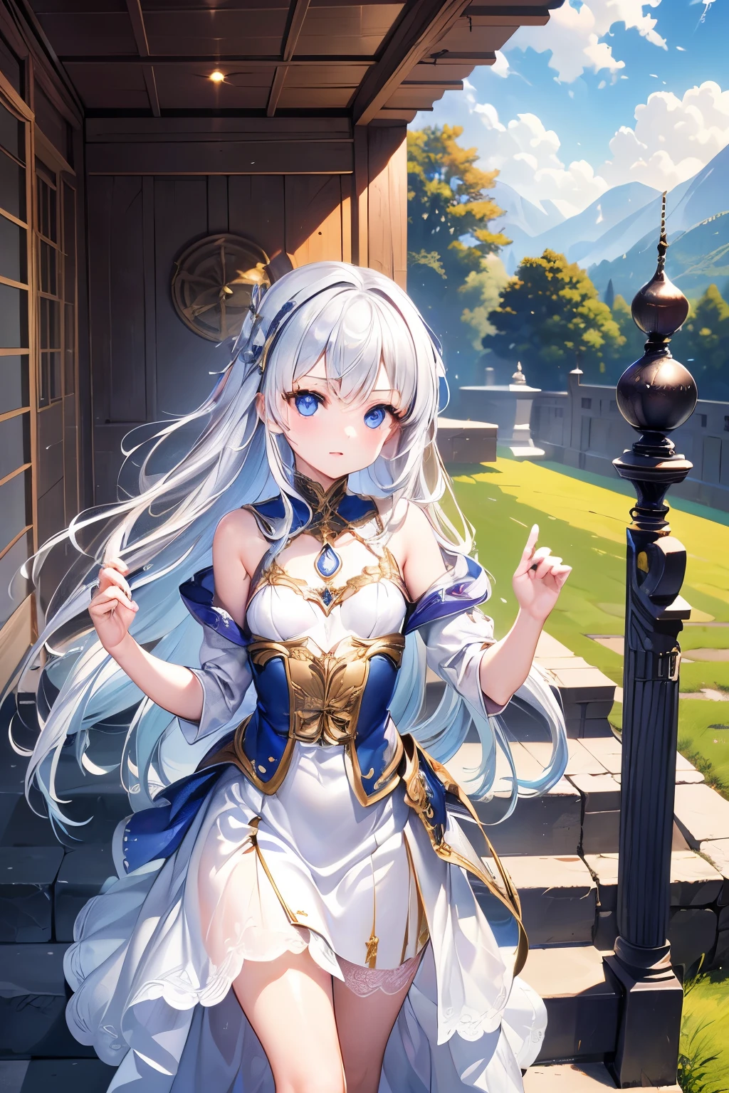 a beauty girl,silber hair、blue eyess、animal ear、Animal tail、embarrassed、a smile、grass field、Shining stars、Orange sky、White dress、Blue Dress、Mystical clothing、Goddess clothing、the whole、Standing