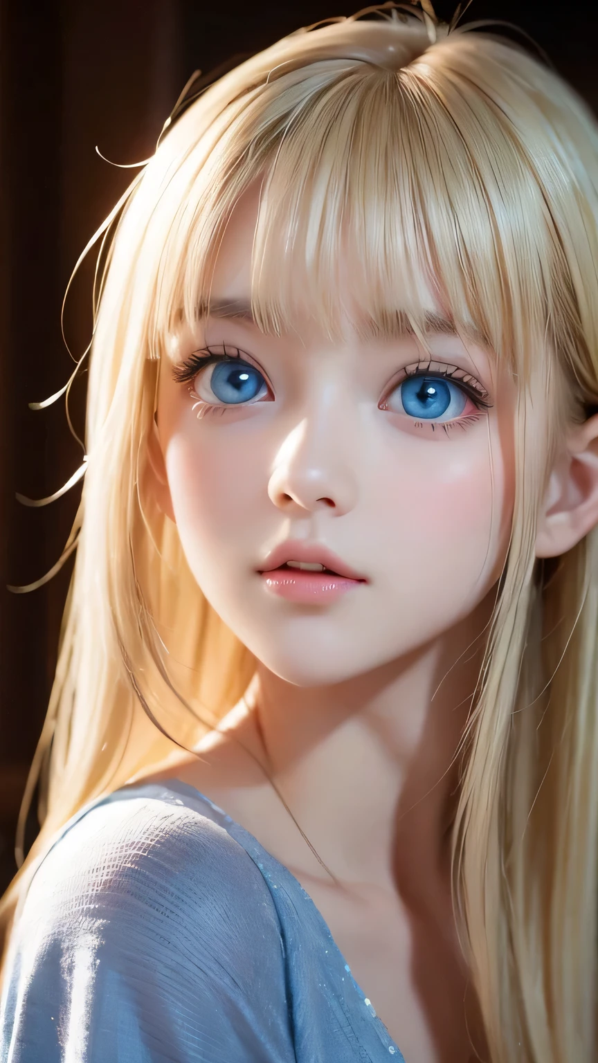 Dressed、(Photorealistic:1.4)、(ハイパーRealistic:1.4)、(Realistic:1.3)、(Smooth lighting:1.05)、(Improved cinematic lighting quality:0.9)、32K、1 Girl、Very cute expression、Beautiful blonde girl、Realistic top lighting、Backlight、Face Light、Super long silky hair、Ray tracing、(Bright light:1.2)、(quality improvement:1.4)、(Highest quality realistic textured skin:1.4)、Very beautiful, detailed, shiny, extremely bright, light blue, large eyes、Very big eyes、Detailed face、A careful eye for quality、(Tired, sleepy and satisfied: 0.0)、Face close up、T-Shirts、(Enhances the body line:1.1)、(Enhances the beauty of skin texture:1.1)、Cheek gloss highlighter、Baby Face、A stunning blonde beauty、Small Face Beauty、round face、Bangs between the eyes、Bangs above the face、Bangs above the eyes