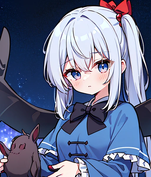 1girl, (((detailed eyes))), (((perfect face))), perfect hands, nice hands, (((Alone))), (((Shinki \(touhou\)))), ((dark void scenery, reflective blue floor, blue towers in the distance)), (blue lighting:1.5), (white hair, long hair, side ponytail, hair bobbles), ((light blue eyes)), (red dress:1.5), (red capelet:1.5), ((long sleeves, frilled capelet, boots, black bowtie)), (((multiple dark purple wings))), ((six wings)), (medium breasts), serious, Calm, closed mouth, (((looking down at viewer, upper body))), floating, ((midair))Riding a horse There is a silver horse🐎 白銀のRiding a horse It's autumn and the leaves are blowing wildly.🍁 Riding a thoroughbred🐎 There's a horse next to me🐴
