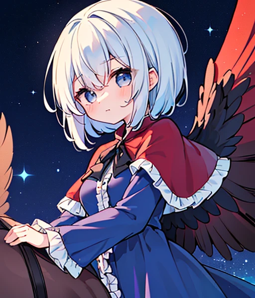 1girl, (((detailed eyes))), (((perfect face))), perfect hands, nice hands, (((Alone))), (((Shinki \(touhou\)))), ((dark void scenery, reflective blue floor, blue towers in the distance)), (blue lighting:1.5), (white hair, long hair, side ponytail, hair bobbles), ((light blue eyes)), (red dress:1.5), (red capelet:1.5), ((long sleeves, frilled capelet, boots, black bowtie)), (((multiple dark purple wings))), ((six wings)), (medium breasts), serious, Calm, closed mouth, (((looking down at viewer, upper body))), floating, ((midair))Riding a horse　There is a silver horse🐎　白銀のRiding a horse　It&#39;s autumn and the leaves are blowing wildly.🍁　Riding a thoroughbred🐎　There&#39;s a horse next to me🐴