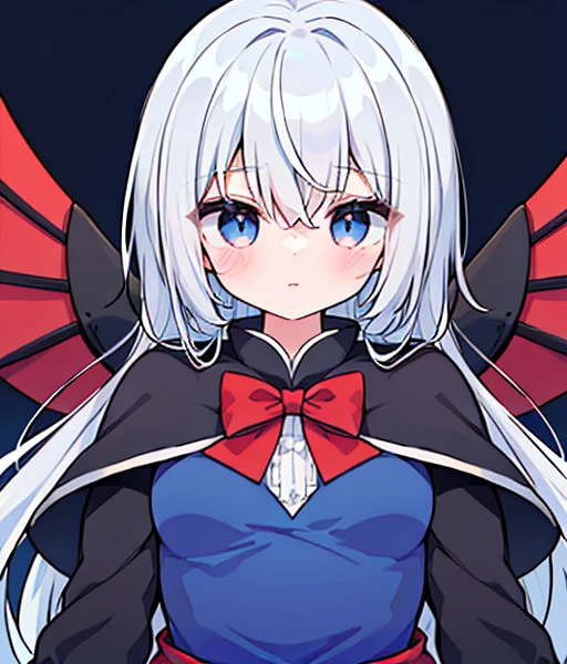 1girl, (((detailed eyes))), (((perfect face))), perfect hands, nice hands, (((Alone))), (((Shinki \(touhou\)))), ((dark void scenery, reflective blue floor, blue towers in the distance)), (blue lighting:1.5), (white hair, long hair, side ponytail, hair bobbles), ((light blue eyes)), (red dress:1.5), (red capelet:1.5), ((long sleeves, frilled capelet, boots, black bowtie)), (((multiple dark purple wings))), ((six wings)), (medium breasts), serious, Calm, closed mouth, (((looking down at viewer, upper body))), floating, ((midair))Riding a horse　There is a silver horse🐎　白銀のRiding a horse　It&#39;s autumn and the leaves are blowing wildly.🍁　Riding a thoroughbred🐎　There&#39;s a horse next to me🐴