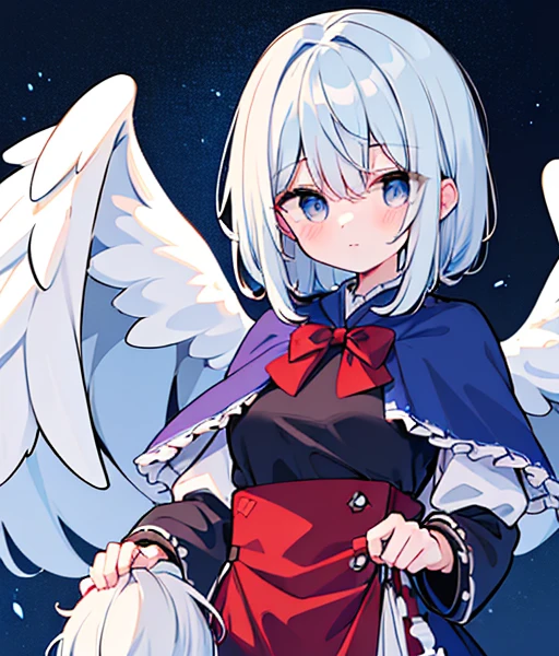 1girl, (((detailed eyes))), (((perfect face))), perfect hands, nice hands, (((Alone))), (((Shinki \(touhou\)))), ((dark void scenery, reflective blue floor, blue towers in the distance)), (blue lighting:1.5), (white hair, long hair, side ponytail, hair bobbles), ((light blue eyes)), (red dress:1.5), (red capelet:1.5), ((long sleeves, frilled capelet, boots, black bowtie)), (((multiple dark purple wings))), ((six wings)), (medium breasts), serious, Calm, closed mouth, (((looking down at viewer, upper body))), floating, ((midair))Riding a horse　There is a silver horse🐎　白銀のRiding a horse　It&#39;s autumn and the leaves are blowing wildly.🍁　Riding a thoroughbred🐎　There&#39;s a horse next to me🐴