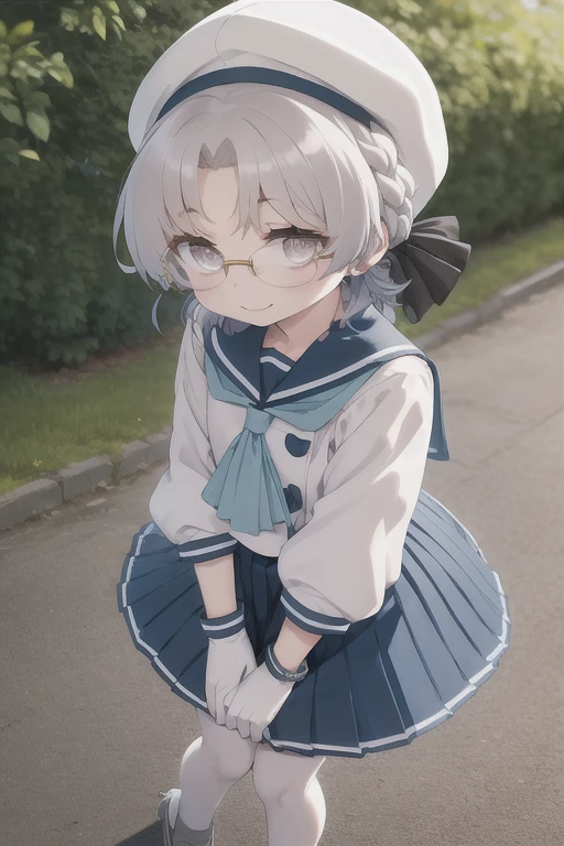 best quality, masterpiece, highly detailed, 1girl, solo, smile,
hirato, braid, glasses, hair ribbon,
school uniform, hat, blue ribbon, blue sailor collar, blue neckerchief, long sleeves, white gloves, blue skirt, pleated skirt, white thighhighs, garter straps, shoes, grey footwear, outdoors, (aerial view, macro shot, headshot, looking at viewer, facing right)