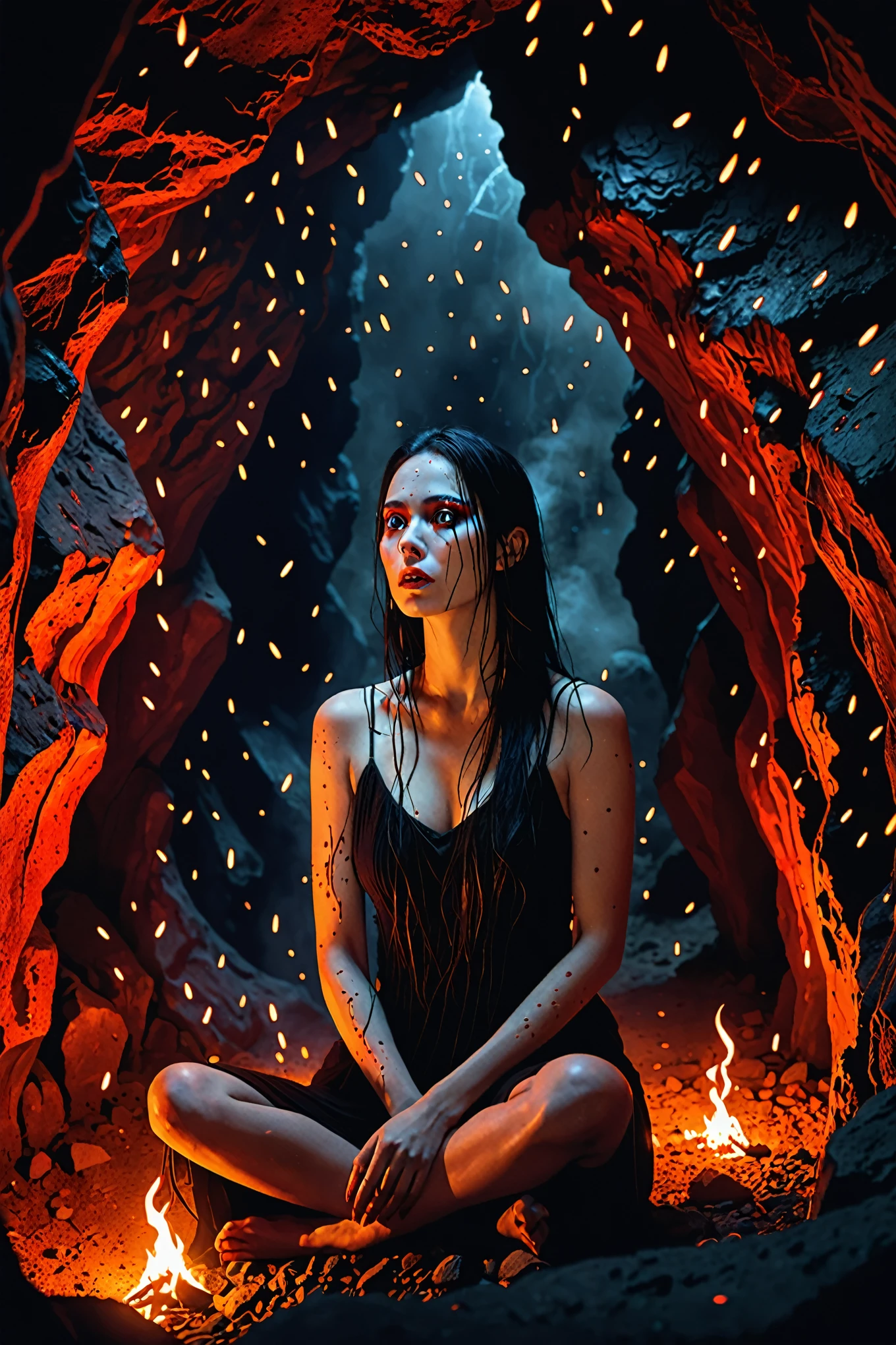 A stunning, sexy, attractive, gorgeous, beautiful, milky woman sits stunned in a dark cave, illuminated by a small fire in front of her. Surrounding her are glowing fireflies, and smoke swirls in the air. Behind her looms a bodyless ghost with thick, blood-red eyes and an angry expression, its face horrifying and smeared with blood. The cave walls glow with burning red coals, enhancing the eerie atmosphere. The scene should be realistic and atmospheric, captured in ultra HD quality."