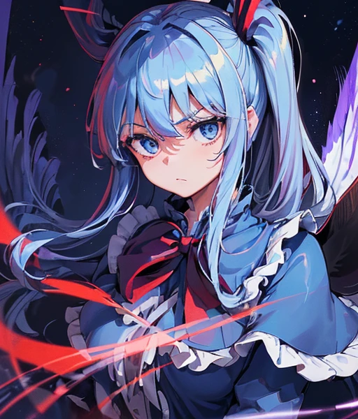 1girl, (((detailed eyes))), (((perfect face))), perfect hands, nice hands, (((Alone))), (((Shinki \(touhou\)))), ((dark void scenery, reflective blue floor, blue towers in the distance)), (blue lighting:1.5), (white hair, long hair, side ponytail, hair bobbles), ((light blue eyes)), (red dress:1.5), (red capelet:1.5), ((long sleeves, frilled capelet, boots, black bowtie)), (((multiple dark purple wings))), ((six wings)), (medium breasts), serious, Calm, closed mouth, (((looking down at viewer, upper body))), floating, ((midair))Riding a horse　There is a silver horse🐎　白銀のRiding a horse　It&#39;s autumn and the leaves are blowing wildly.🍁　Riding a thoroughbred🐎　There&#39;s a horse next to me🐴