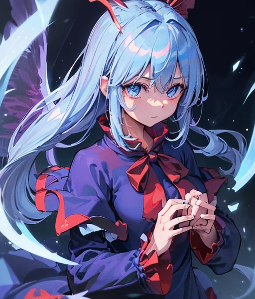 1girl, (((detailed eyes))), (((perfect face))), perfect hands, nice hands, (((Alone))), (((Shinki \(touhou\)))), ((dark void scenery, reflective blue floor, blue towers in the distance)), (blue lighting:1.5), (white hair, long hair, side ponytail, hair bobbles), ((light blue eyes)), (red dress:1.5), (red capelet:1.5), ((long sleeves, frilled capelet, boots, black bowtie)), (((multiple dark purple wings))), ((six wings)), (medium breasts), serious, Calm, closed mouth, (((looking down at viewer, upper body))), floating, ((midair))Riding a horse　There is a silver horse🐎　白銀のRiding a horse　It&#39;s autumn and the leaves are blowing wildly.🍁　Riding a thoroughbred🐎　There&#39;s a horse next to me🐴