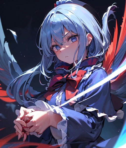 1girl, (((detailed eyes))), (((perfect face))), perfect hands, nice hands, (((Alone))), (((Shinki \(touhou\)))), ((dark void scenery, reflective blue floor, blue towers in the distance)), (blue lighting:1.5), (white hair, long hair, side ponytail, hair bobbles), ((light blue eyes)), (red dress:1.5), (red capelet:1.5), ((long sleeves, frilled capelet, boots, black bowtie)), (((multiple dark purple wings))), ((six wings)), (medium breasts), serious, Calm, closed mouth, (((looking down at viewer, upper body))), floating, ((midair))Riding a horse　There is a silver horse🐎　白銀のRiding a horse　It&#39;s autumn and the leaves are blowing wildly.🍁　Riding a thoroughbred🐎　There&#39;s a horse next to me🐴