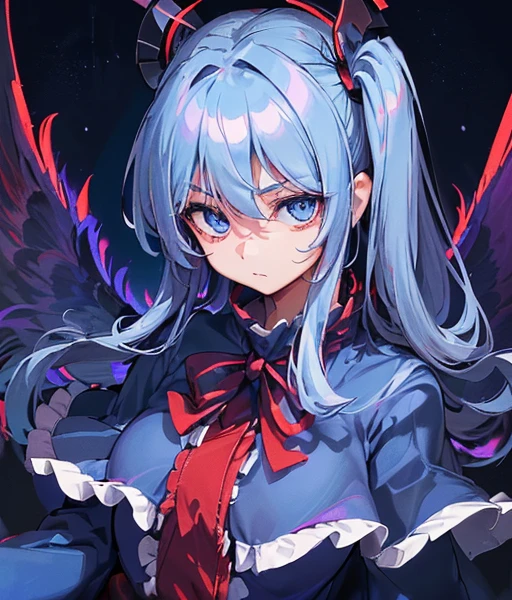 1girl, (((detailed eyes))), (((perfect face))), perfect hands, nice hands, (((Alone))), (((Shinki \(touhou\)))), ((dark void scenery, reflective blue floor, blue towers in the distance)), (blue lighting:1.5), (white hair, long hair, side ponytail, hair bobbles), ((light blue eyes)), (red dress:1.5), (red capelet:1.5), ((long sleeves, frilled capelet, boots, black bowtie)), (((multiple dark purple wings))), ((six wings)), (medium breasts), serious, Calm, closed mouth, (((looking down at viewer, upper body))), floating, ((midair))Riding a horse　There is a silver horse🐎　白銀のRiding a horse　It&#39;s autumn and the leaves are blowing wildly.🍁　Riding a thoroughbred🐎　There&#39;s a horse next to me🐴