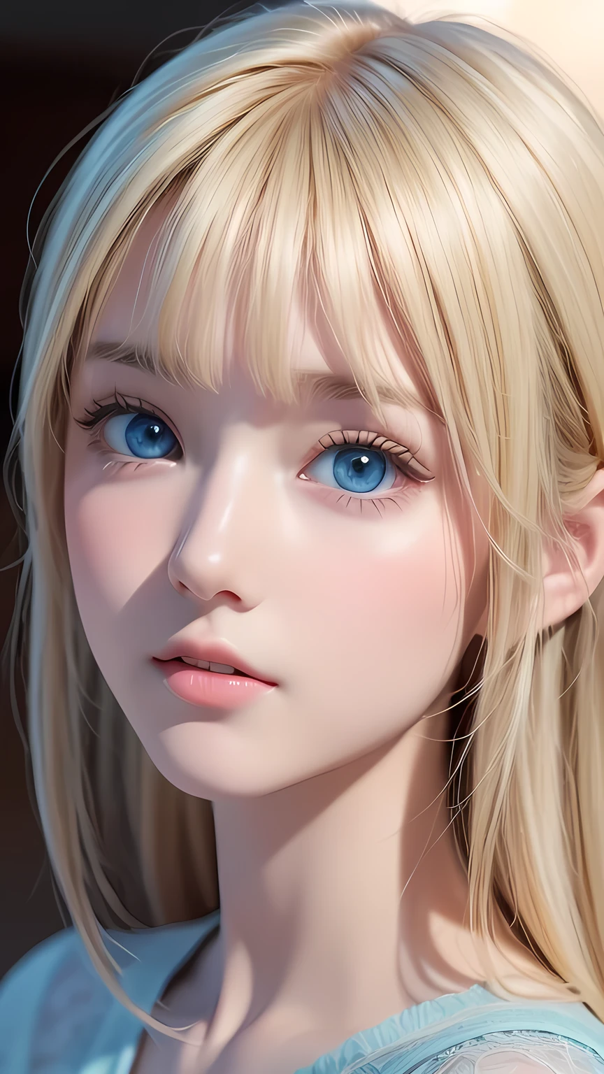 Dressed、(Photorealistic:1.4)、(ハイパーRealistic:1.4)、(Realistic:1.3)、(Smooth lighting:1.05)、(Improved cinematic lighting quality:0.9)、32K、1 Girl、Very cute expression、Beautiful blonde girl、Realistic top lighting、Backlight、Face Light、Super long silky hair、Ray tracing、(Bright light:1.2)、(quality improvement:1.4)、(Highest quality realistic textured skin:1.4)、Very beautiful, detailed, shiny, extremely bright, light blue, large eyes、Very big eyes、Detailed face、A careful eye for quality、(Tired, sleepy and satisfied: 0.0)、Face close up、T-Shirts、(Enhances the body line:1.1)、(Enhances the beauty of skin texture:1.1)、Cheek gloss highlighter、Baby Face、A stunning blonde beauty、Small Face Beauty、round face、Bangs between the eyes、Bangs above the face、Bangs above the eyes