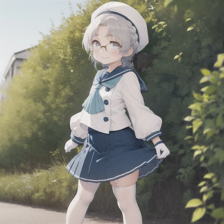 best quality, masterpiece, highly detailed, 1girl, solo, smile,
hirato, braid, glasses, hair ribbon,
school uniform, hat, blue ribbon, blue sailor collar, blue neckerchief, long sleeves, white gloves, blue skirt, pleated skirt, white thighhighs, garter straps, shoes, grey footwear, outdoors, (macro shot, headshot, looking at viewer, facing right)