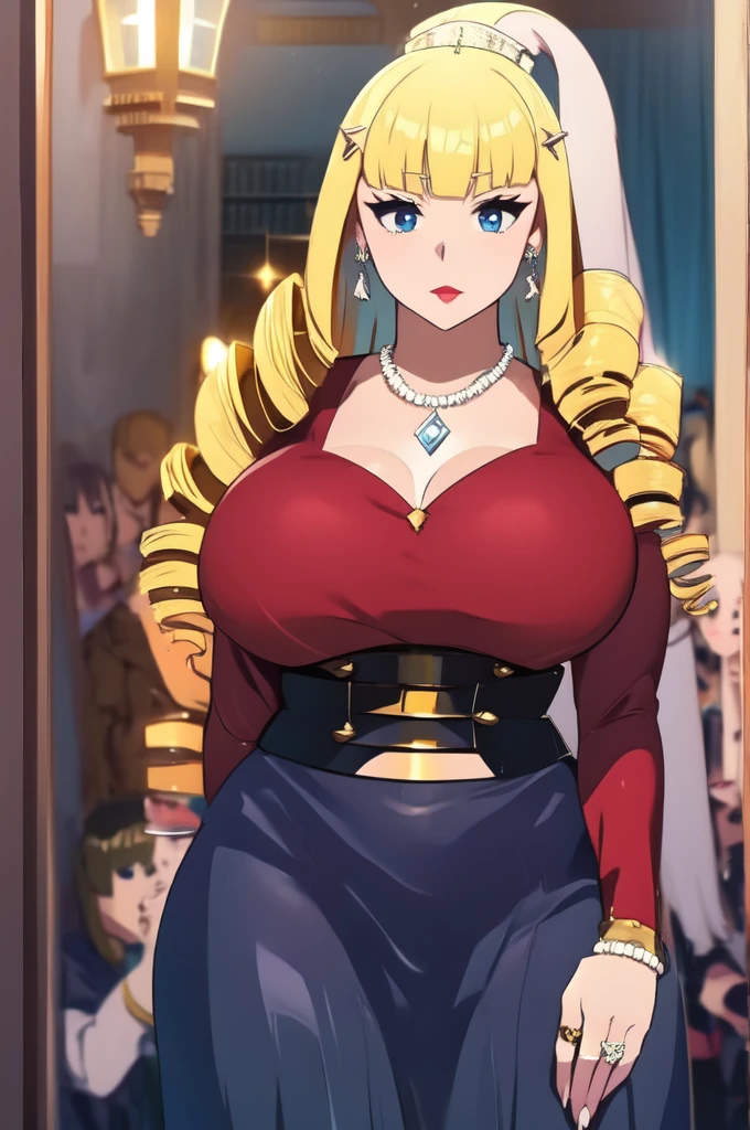 masterpiece, best quality, highly quality ,  Darkness lalatina,konosuba,Big breast,Golden bracelet,Half open eyes,Big pearl earring,Mature,((Cleavage)),long sleeve,(((diamond Wedding ring))),((Enchanced breast)),((Cross hairpin)),((red color long nail)),Blonde,Majestic mansion,((Noble rings)),Hoopa bracelet,modern anime quality,Tight thights,Konosuba anime artstyle,Swaying hips,light Eyeshadow,Colorless glossy Lipstic,flirty expression,Detailed face,Bare neck,pearl necklace,enourmous big breast,Mature,Milf,Corset,Long gown,horny expression,sorrowful expression,light Red lips,((Eyeshadow)),Detailed Rings,Detailed Necklace,corset,Soft smile,Hime cut bang,((thick Curly drill hair)),heavy make up,Madam,happy Smile,Red lips,Curvy figure,Thick lips,Thin purple dress,Light blue eyes,Happy expression,1hand Crossing arm below breast,1hand on cheek,Spouty lips,heavy make up,Thick lips,Side locks slicked,Short side locks,White glove,Body facing front,Bare nape,Super high ponytail,yellow strip in dress Slicked side locks hair,Slicked side hair,Face facing front,Curl hair