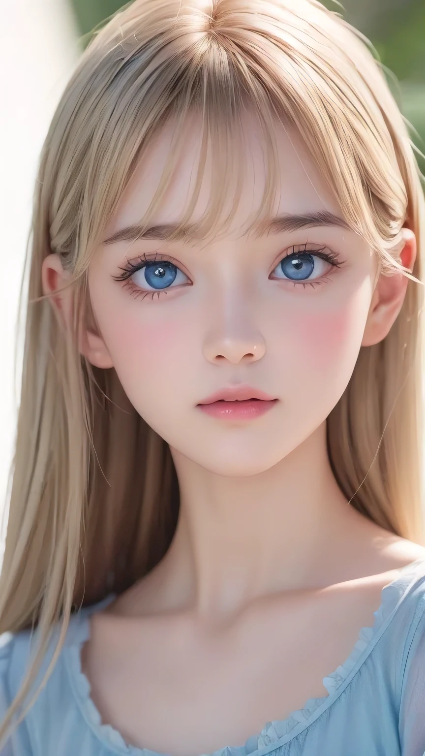 Dressed、(Photorealistic:1.4)、(ハイパーRealistic:1.4)、(Realistic:1.3)、(Smooth lighting:1.05)、(Improved cinematic lighting quality:0.9)、32K、1 Girl、Very cute expression、Beautiful blonde girl、Realistic top lighting、Backlight、Face Light、Super long silky hair、Ray tracing、(Bright light:1.2)、(quality improvement:1.4)、(Highest quality realistic textured skin:1.4)、Very beautiful, detailed, shiny, extremely bright, light blue, large eyes、Very big eyes、Detailed face、A careful eye for quality、(Tired, sleepy and satisfied: 0.0)、Face close up、T-Shirts、(Enhances the body line:1.1)、(Enhances the beauty of skin texture:1.1)、Cheek gloss highlighter、、A stunning blonde beauty、Small Facuty、round face、Bangs between the eyes、Bangs above the face、Bangs above the eyes