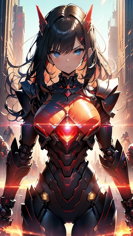 ((highest quality)), ((masterpiece)), (get used to it), perfect face, Japanese with shoulder-length black hair、Breasts are F cup、outstanding style、28 year old female。she、Gungnir from Senki Zesshou Symphogear、Tachibana Acquire the sound'armor。 The right fist is thrust forward like a karate kata..、The left fist is thrust out at high speed., The kick from his right leg leaves countless afterimages..。The background is、a city engulfed in flames, Like a Hong Kong movie。night