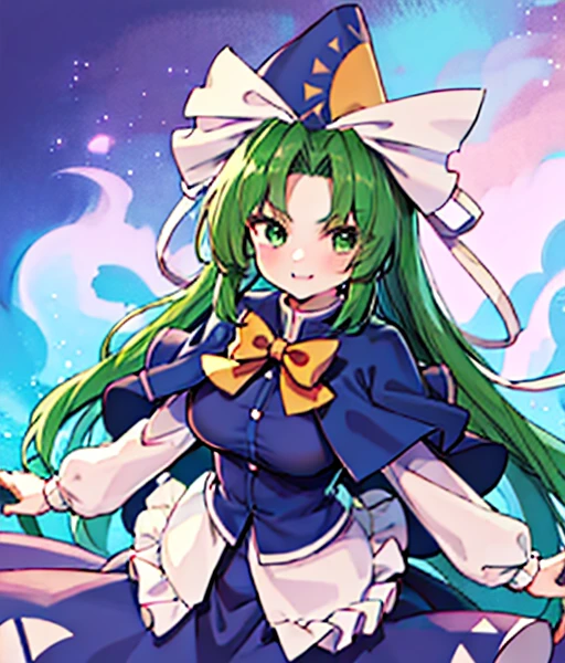 nice hands, perfect hands, close-up, Mima (touhou), 1girl, blue skirt, blue vest, yellow bowtie, blue cape, blue capelet, wizard hat, blue hat, white ribbon, white shirt, green eyes, green hair, large breast, long sleeves, puffy sleeves, very long hair, hat bow, hat ribbon, parted bangs, sun print, (incoming attack), emphasis lines, dragon ball, blue background, looking at viewer,seductive smile, naughty face, smirk, foreshortening, speed lines, standing,light particles, gradient background, Vivid color , ((kamehameha)), 
masterpiece, best quality, ultra detailed, highres,4K,(ultra-detailed:1.4), (illustration:0.5), (ray tracing,:0.8),(anime colored)　There is a horse🐎　Riding a silver horse　It&#39;s autumn and the leaves are blowing wildly.🍁　Riding a thoroughbred🐎
