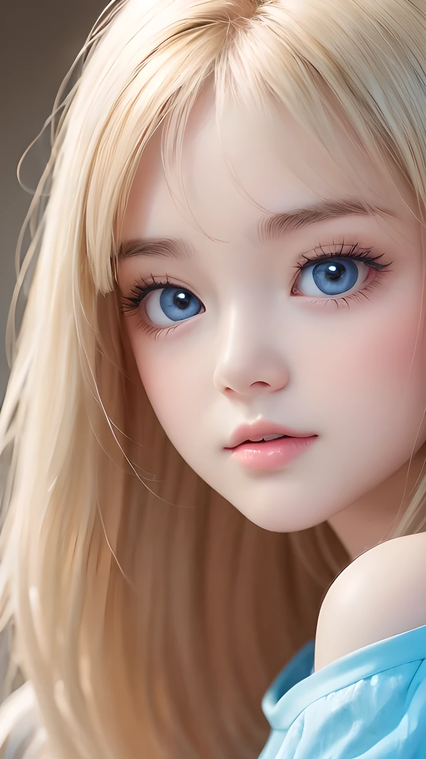 Dressed、(Photorealistic:1.4)、(ハイパーRealistic:1.4)、(Realistic:1.3)、(Smooth lighting:1.05)、(Improved cinematic lighting quality:0.9)、32K、1 Girl、Very cute expression、Beautiful blonde girl、Realistic top lighting、Backlight、Face Light、Super long silky hair、Ray tracing、(Bright light:1.2)、(quality improvement:1.4)、(Highest quality realistic textured skin:1.4)、Very beautiful, detailed, shiny, extremely bright, light blue, large eyes、Very big eyes、Detailed face、A careful eye for quality、(Tired, sleepy and satisfied: 0.0)、Face close up、T-Shirts、(Enhances the body line:1.1)、(Enhances the beauty of skin texture:1.1)、Cheek gloss highlighter、Baby Face、A stunning blonde beauty、Small Face Beauty、round face、Bangs between the eyes、Bangs above the face、Bangs above the eyes
