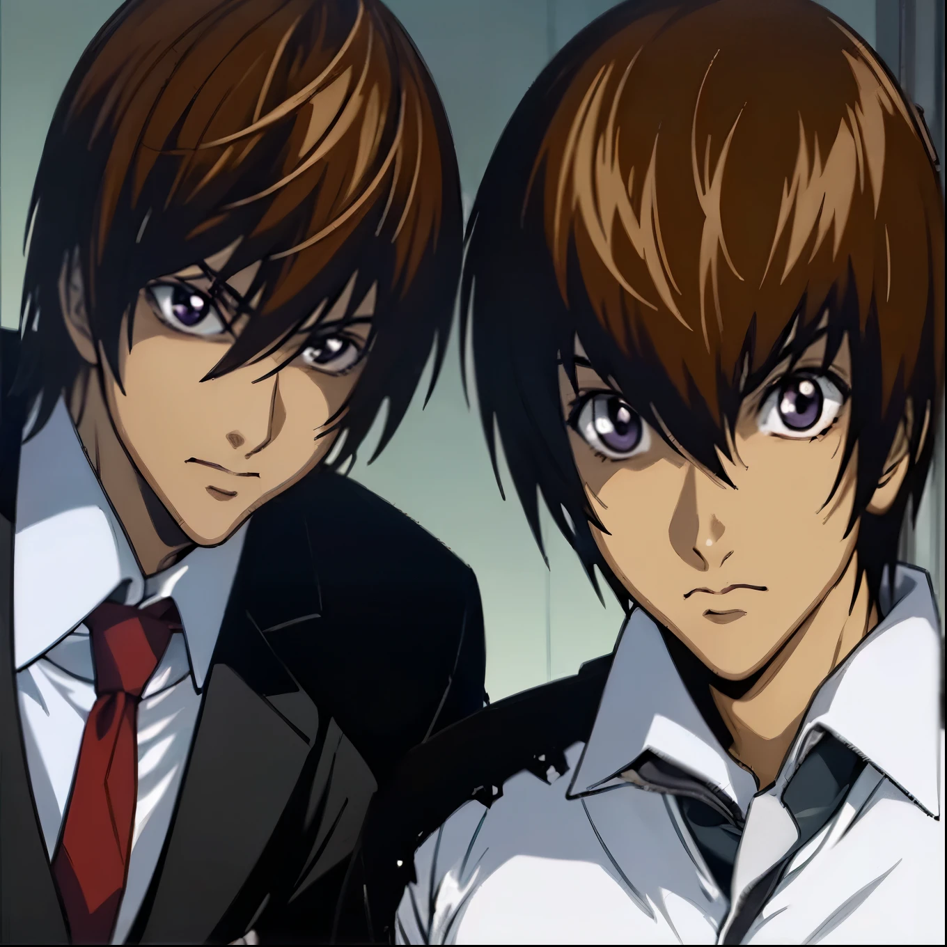 2boys, Kira Yamato,Yagami light,blown hair, with an evil smile, clutching a black Death Note, a sparkling background,