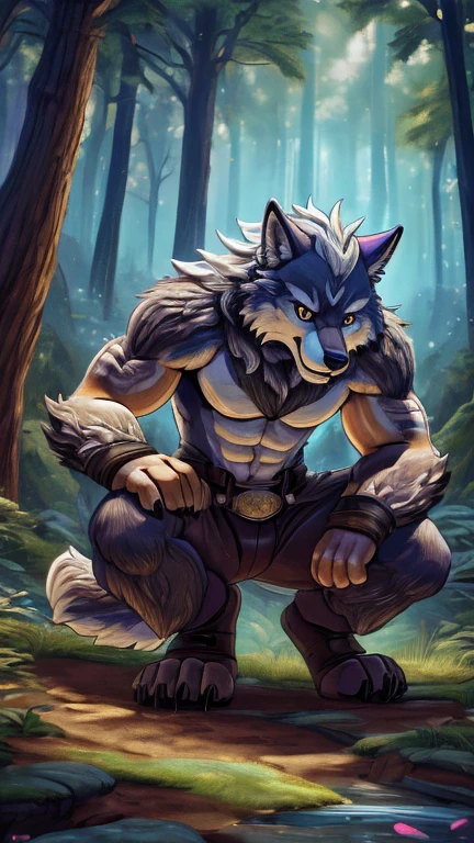 (1boy,wolf, Beowulf), (extremely detailed CG unit 8k wallpaper),(master part), (best quality), (ultra detail), (best illustration),(Tsukasa Hojo style), cowboy shot, Paw pose, show Paws show claws, (Sharp eyeliner, ombre, detailed eyes:1), forest, digital art, break , upper body, crouching, 