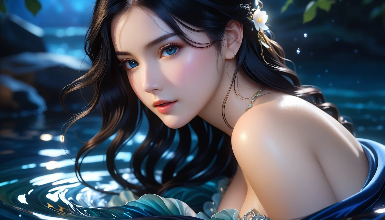 A Masterpiece In 32K Resolution, Supreme Quality, Super Detail, Official Art, Very High-Resolution 32K Wallpaper, Cinematic Lighting, Beautiful And Aesthetic, Ultra-Detailed Features, Awe Inspiring Detail. A Girl With Skin Light, Adorned In A Flowing Velvet Gown, Highlight Her Ample Breasts. Her Jet-Black Hair Cascades Down In Soft Waves, While Gentle Mist Swirls Around Her. Her Eyes, A Deep Midnight Blue, Captivate With Their Intensity. Her Skin Glows With A Subtle Luminescence, Standing Out Against A Water Backdrop. Gentle Light Filters Through The Water, Casting A Soft Glow On Her Form. The Scene Evokes A Sense Of Enigma, With Every Element Adding To The Mystical Aura.