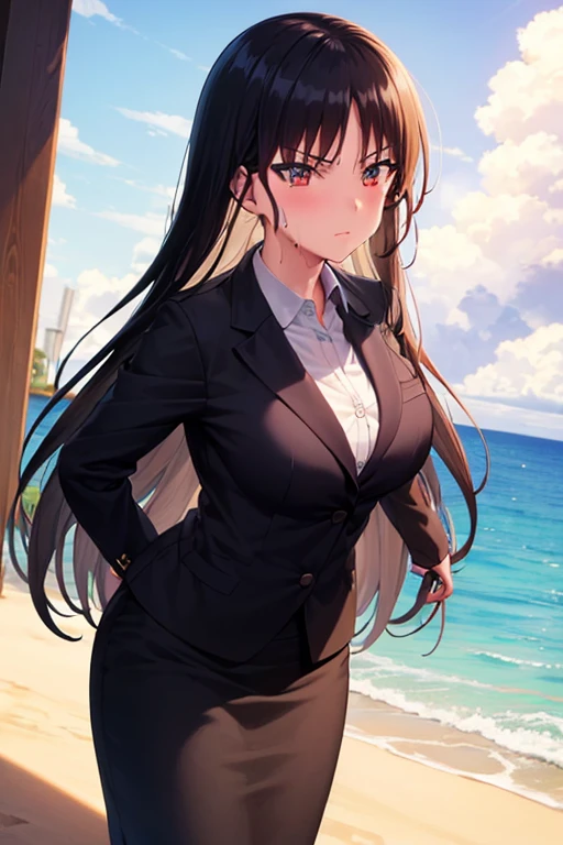 (best quality:1.4), (masterpiece:1.4), 1girl, suzune horikita, suit, office lady, black skirt, black blazer, pencil skirt, white shirt, collared shirt, long hair, teenager, looking at viewer, cowboy shot, beach background, sea, sand, sweat drop, sweat beads,