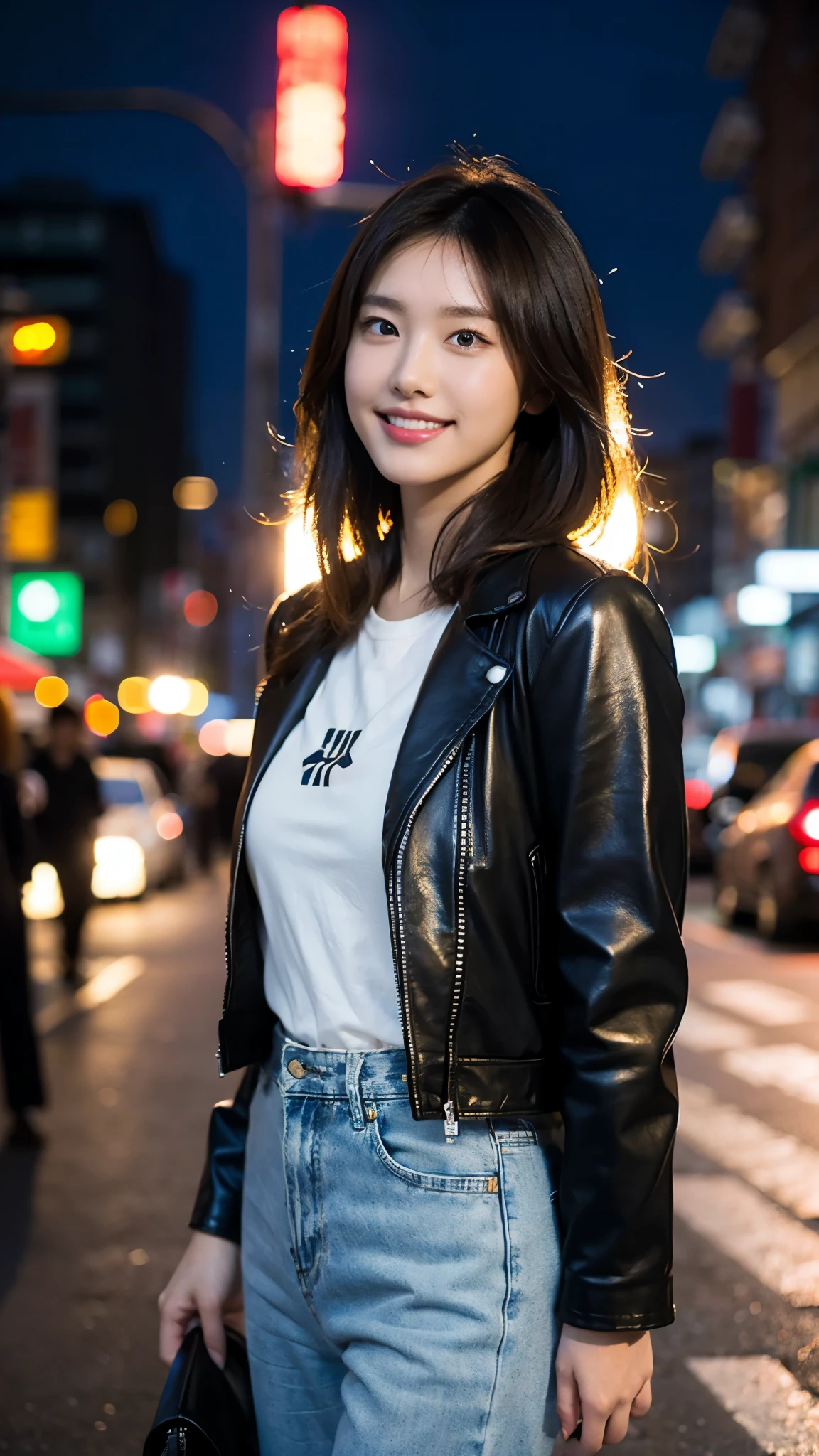 best quality, 1girl, street at night, casual clothes, jeans, black t-shirt, dark brown hair, straight hair, street lights, smiling, upper body, highly detailed