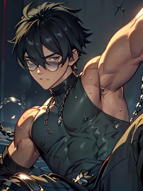 ((Delicate details)), Best Shadow,Cinema Lighting,Best Quality,((Very detailed))　masterpiece　Embarrassing　Black Hair　Emerald Hair　Black Eye　Emerald eyes　Wearing large sunglasses　Get wet　Big Eyes　maleのタイトなスーツパンツは破れていた　Sweating　Delicate body　High chroma　male　Ryona　torture　Clo薄いg saturation 0　High chance of losing　Skin is visible in places　shout　View from below　Overall image　Light hits the skin　baby face　Fallen　To lie　Skinny body　Mind Control　Rear View　Sleeveless　I put pressure on my crotch.　prison　Chain Background　Under attack　Raising his arms　Side view　Lying down　黒いタンクトップのmale　eight-headed body　Brown Skin　One eye is hidden by bangs　Mouth open　Aroused expression　大きな胸筋のmale