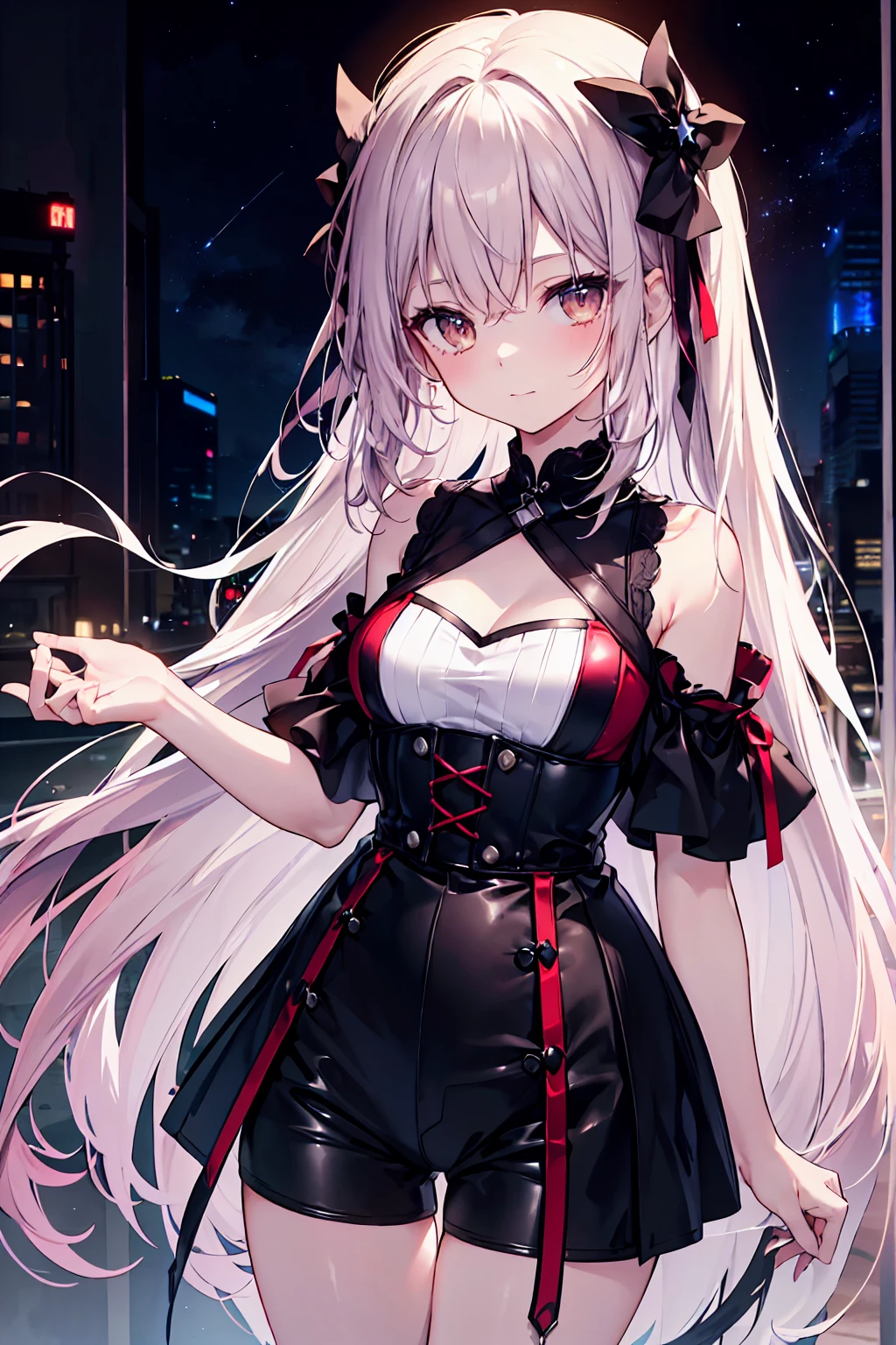 masterpiece, best quality, lens_flare, depth of field, luna_kindred, 1girl, cowboy_shot, hair between eyes, white hair, red eyes, glowing eyes, thighs, black thighhighs, garter_belt, black gloves, bare_arms, black corset, dress, night, (cityscape), (ferris_wheel_interior:1.2), sitting, <lora:luna_kindred_v5:0.84>